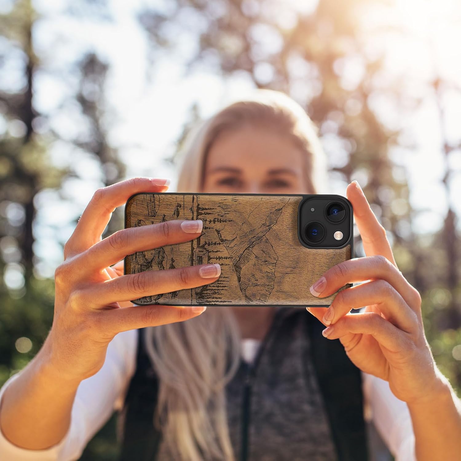 Carveit Magnetic Wood Case for iPhone 13 Mini Case [Natural Wood & Black Soft TPU] Unique Wooden Shockproof Protective Cover Compatible with magsafe (Lakes and Mountains -Walnut)