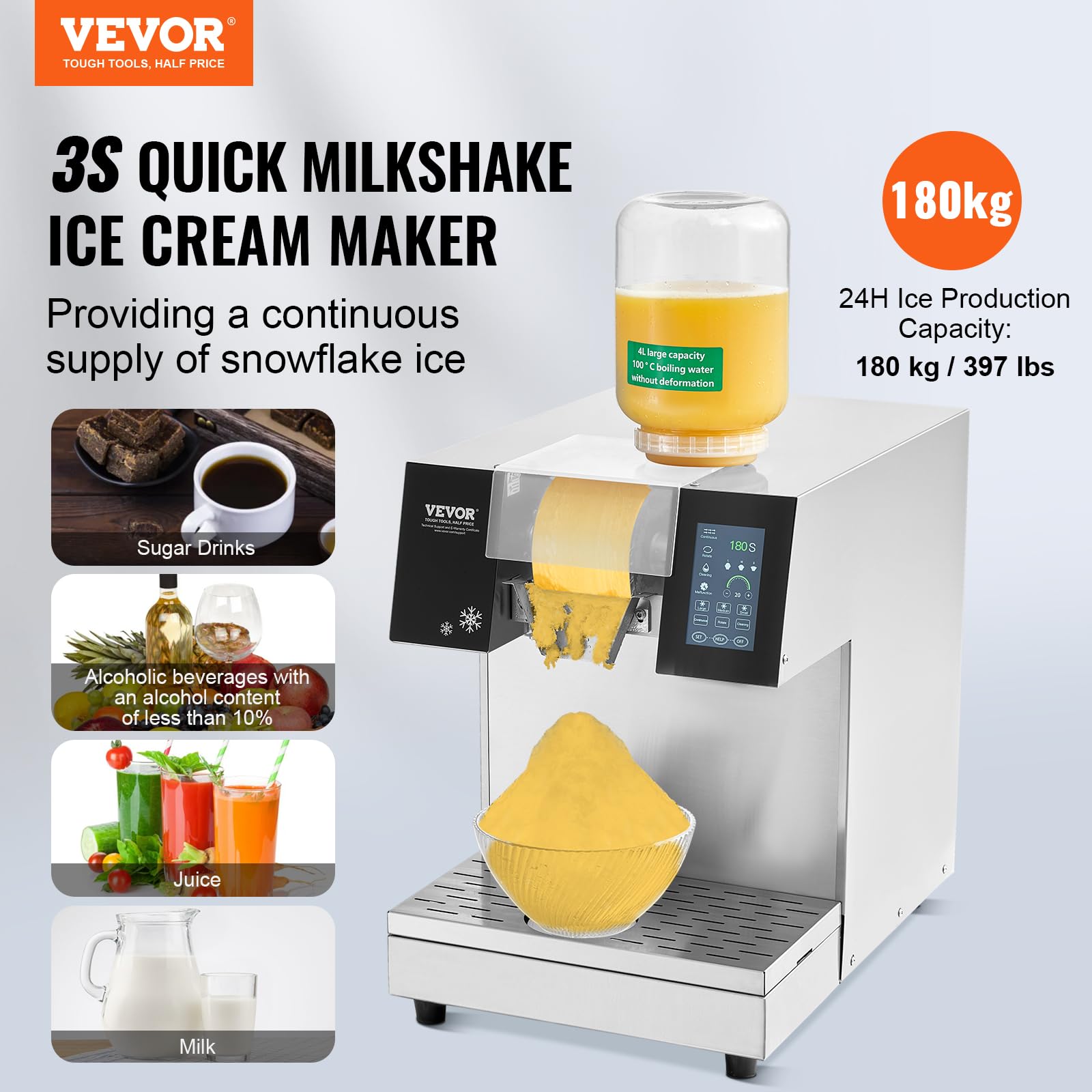 VEVOR Máquina de Hielo en Forma de Copos de Nieve 180 kg/24 h Máquina para Raspar Hielo Acero Inoxidable Sistema de Enfriamiento por Aire para Rápida Disipación del Calor para Panaderías, Cafeterías