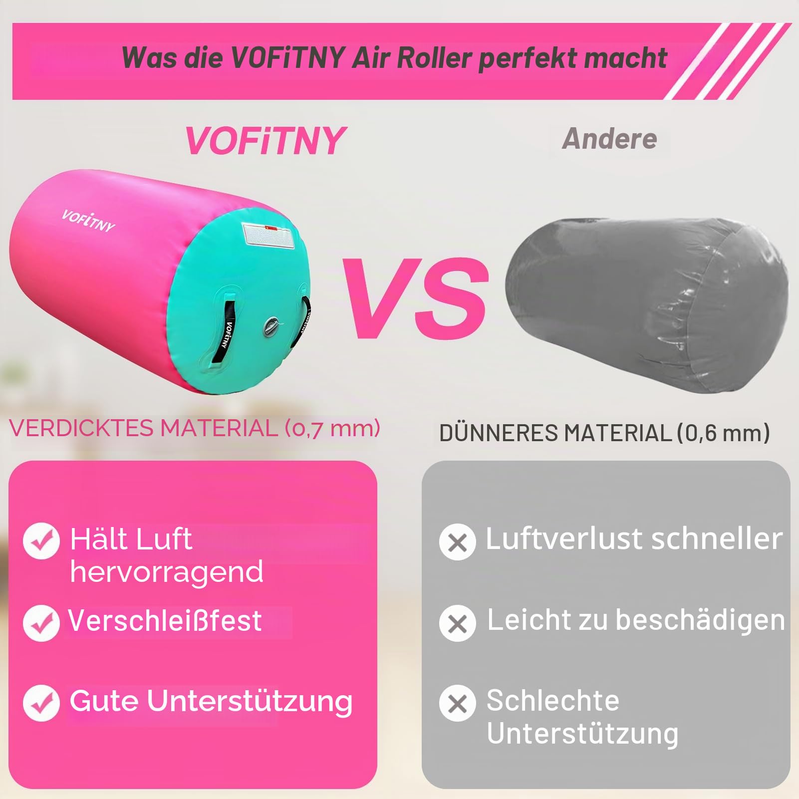 VOFiTNY Aufblasbare Rolle Gymnastik Yoga Turnmatte Air Barrel Tumbling Track Balance Trainer Luft Roller