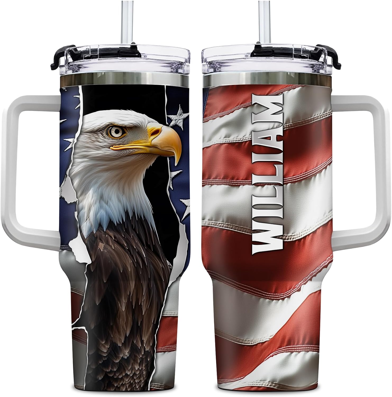 Hyturtle Personalized American USA Flag 40oz Tumbler with Handle and Straw Gifts For Men Women, 4th of July Gifts For Him Dad on Birthday, Eagle Custom Name Stainless Steel Travel Cup with Lid