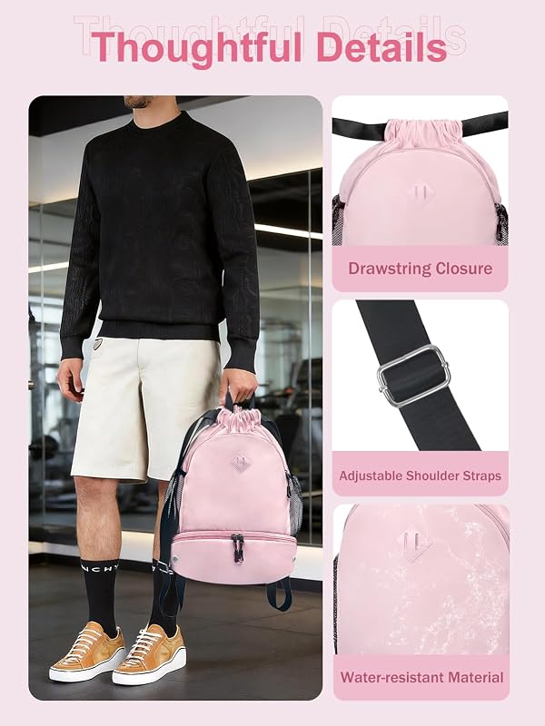 RHDZO Drawstring Backpack with Shoe Compartment for Men Women, Medium Pink by RHDZO - Used condition - Image 7