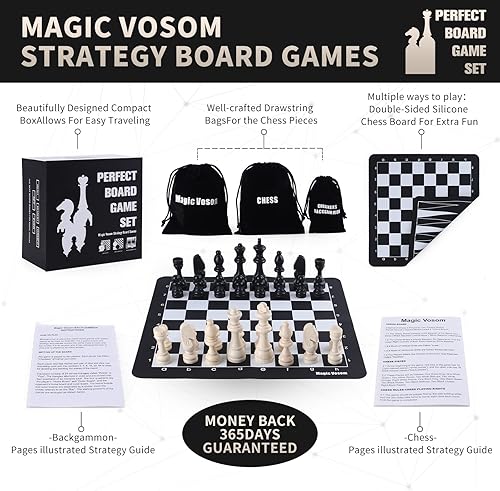 Miniatura 2 de Juego de ajedrez de viaje, ajedrez 3 en 1 de 15 x 15 pulgadas, damas, juego de backgammon, piezas de ajedrez estándar y fichas de tablero de