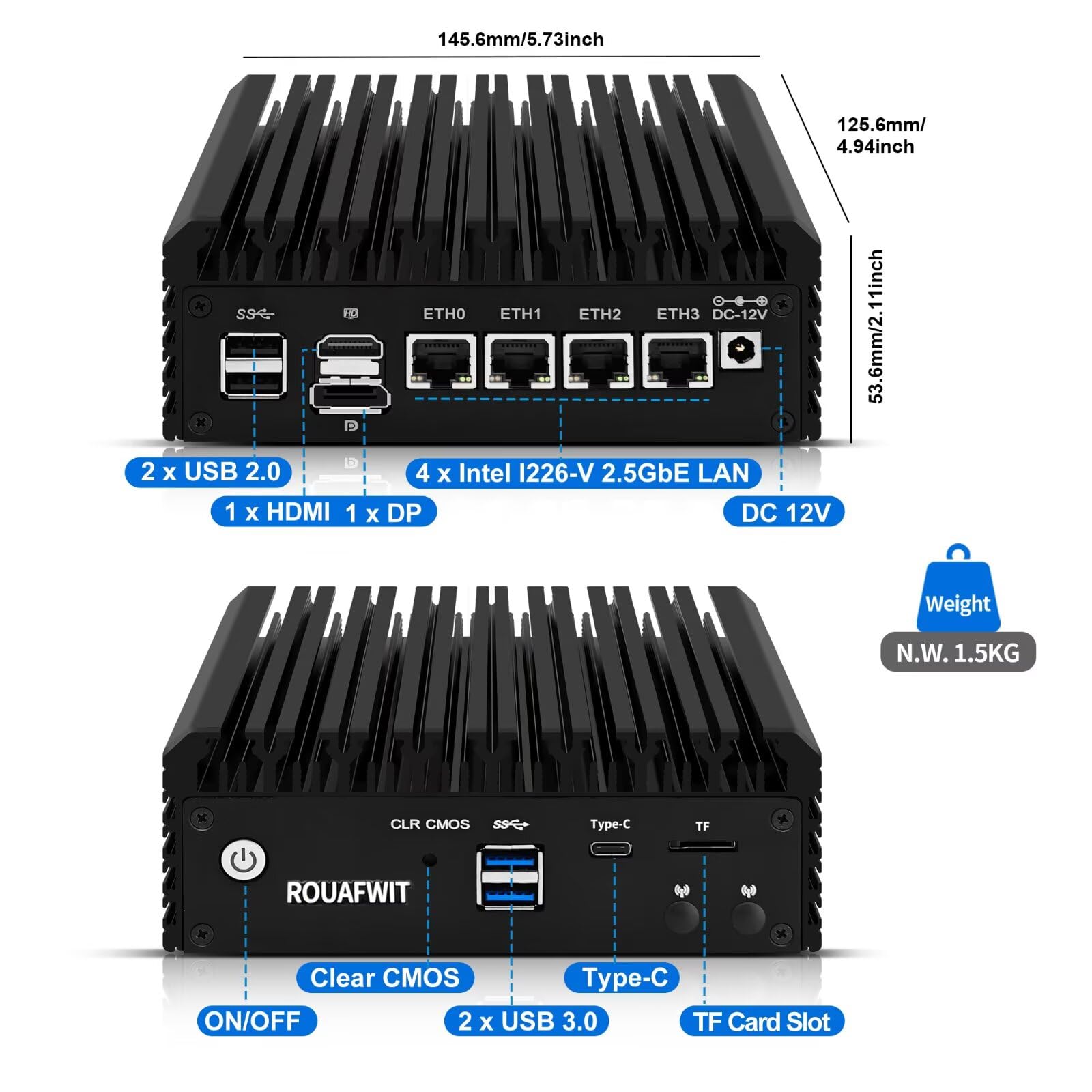 Fanless Firewall Mini PC N6005,4C/4T,4X 2.5 GBe LAN/4USB/HD/DP/Tpye C/TF, OPNsense/AES-NI Router Netzwerk Security,DDR4 0G RAM 0G SSD Barebone,Dual Display