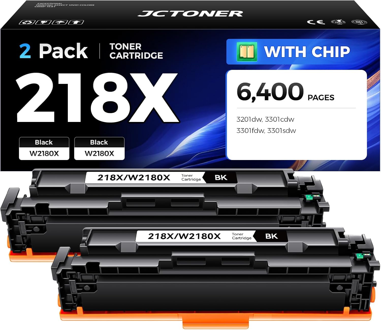 218X Black Toner Cartridge Set 2-Pack with chip High Yield Replacement for HP 218A W2180A 218X W2180X Compatible with HP Color LaserJet Pro MFP 3201dw MFP 3301cdw MFP 3301fdw MFP 3301sdw Printer Ink