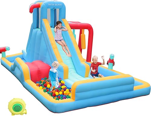 Miniatura 9 de Doctor Dolphin Toboganes acuáticos inflables, casa de rebote de agua con tobogán acuático para niños, parque acuático inflable para patio trasero,