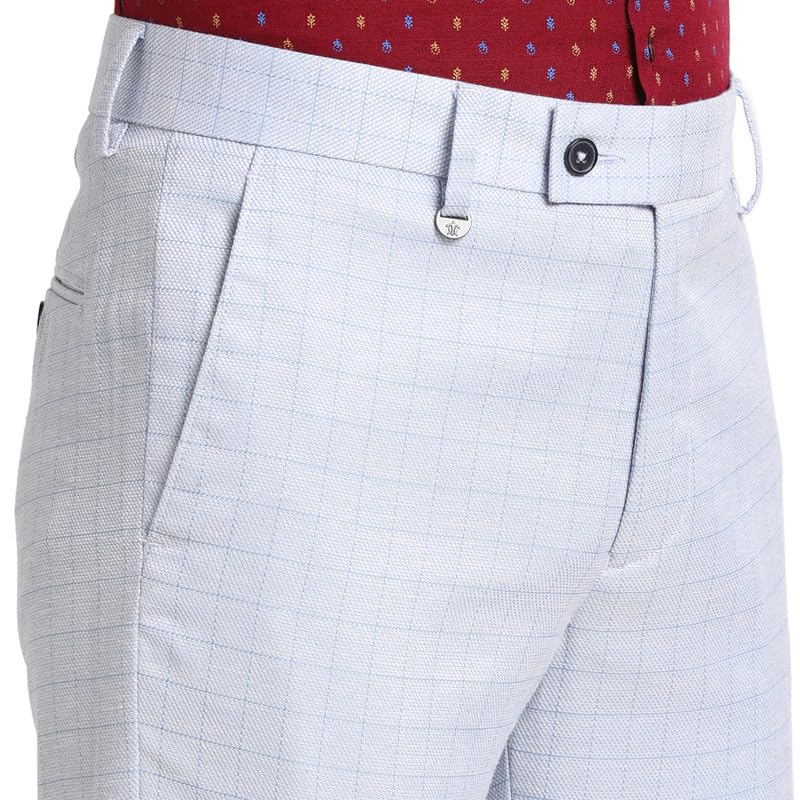 Image of Turtle Men Poly Viscose Light Blue Checkered Ultra Slim Fit Flat Front Formal Trouser