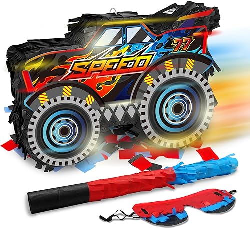 Piñata de camión para suministros de fiesta, piñata de camión monstruo, piñata de automóvil con palo y venda, decoración de fiesta de cumpleaños