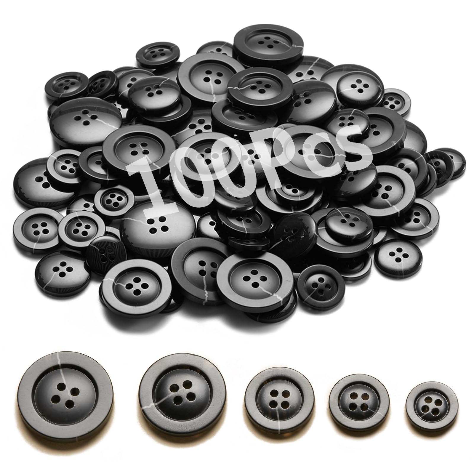 Pratezila Sewing Buttons - Craft Buttons, 5 Sizes of 100 Pcs Versatile Buttons for Sewing, DIY Projects and Holiday Decoration (Black)
