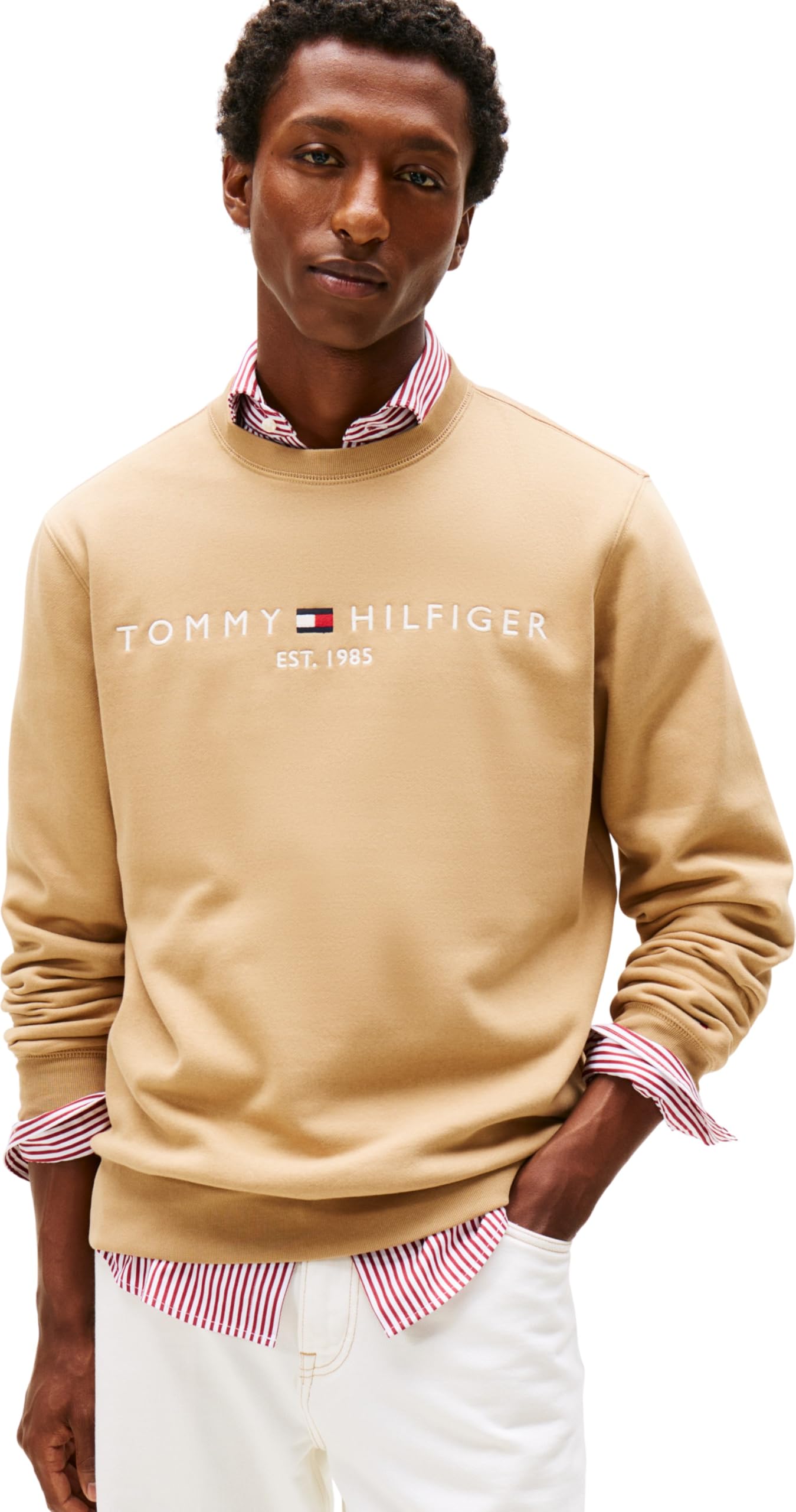 Tommy Hilfiger Men’s Tommy Logo Sweatshirt without Hood, Beige (Timeless Camel), XXL