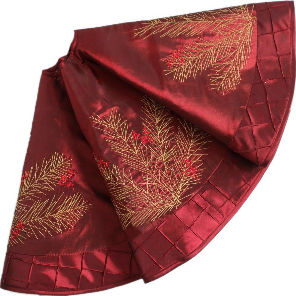 X.Sem Deluxe Embroidered Pine Branches Cherry with Pintuck Border,Extra Large,Christmas Tree Skirt-50