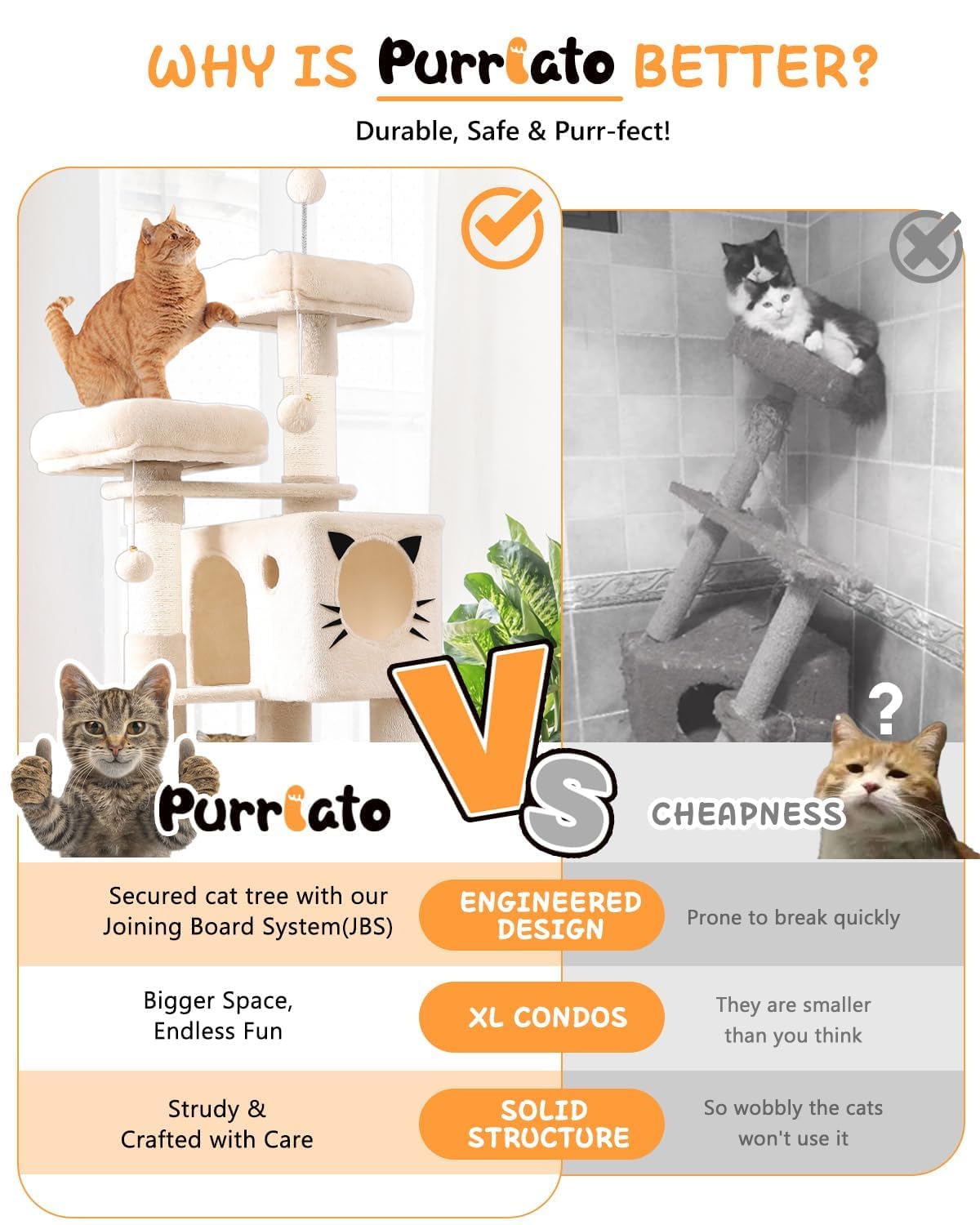 PURRLATO 66in Multi-Level Large Cat Tree Tower for Indoor Cat/Kitties, Mordern Cat Tower with Sisal Scratching Posts, Condos and Hammock, Perches, Ramp for Climbing Heavy Duty