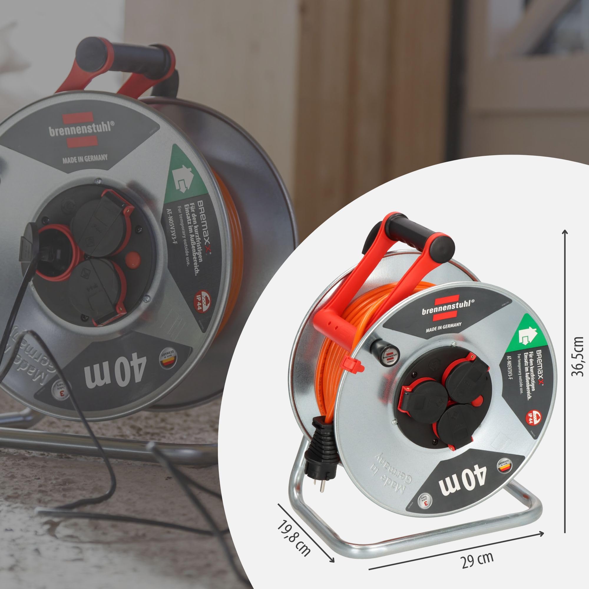 Brennenstuhl Garant S V2 IP44 Kabeltrommel 40m outdoor (Made in Germany, Kabel in Signalfarbe orange, aus Stahlblech, kurzfristiger Einsatz im Außenbereich)