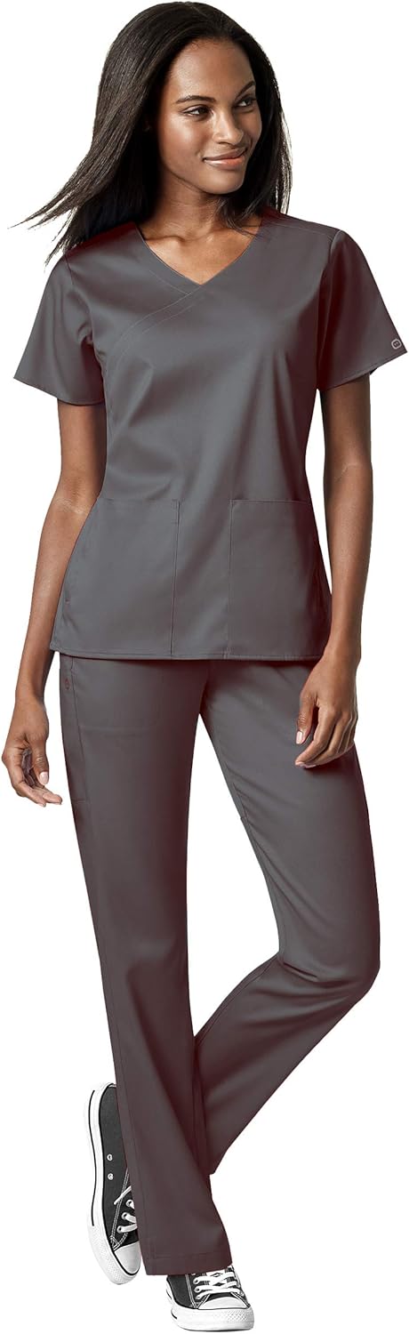 WonderWink PRO Women's 4 Pocket Wrap Top & Knit Waist Cargo Pant Scrub Set + Badge Reel