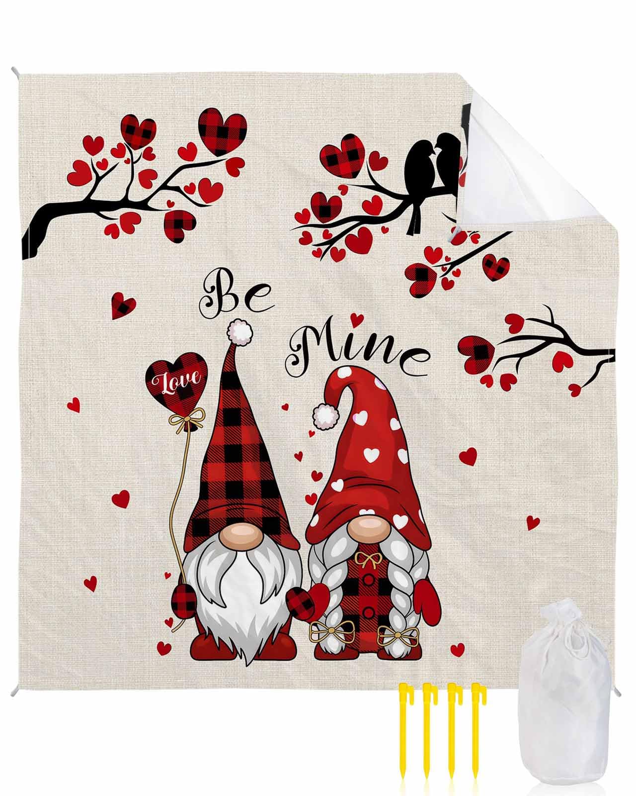 Beach Blanket Waterproof Sandproof, Red Valentine's Day Couple Gnome Quick Drying Beach Mat with 4 Stakes, Plaid Love Tree Sweet Bird Lightweight Picnic Blanket for Travel Camping Outdoor 108"x84"