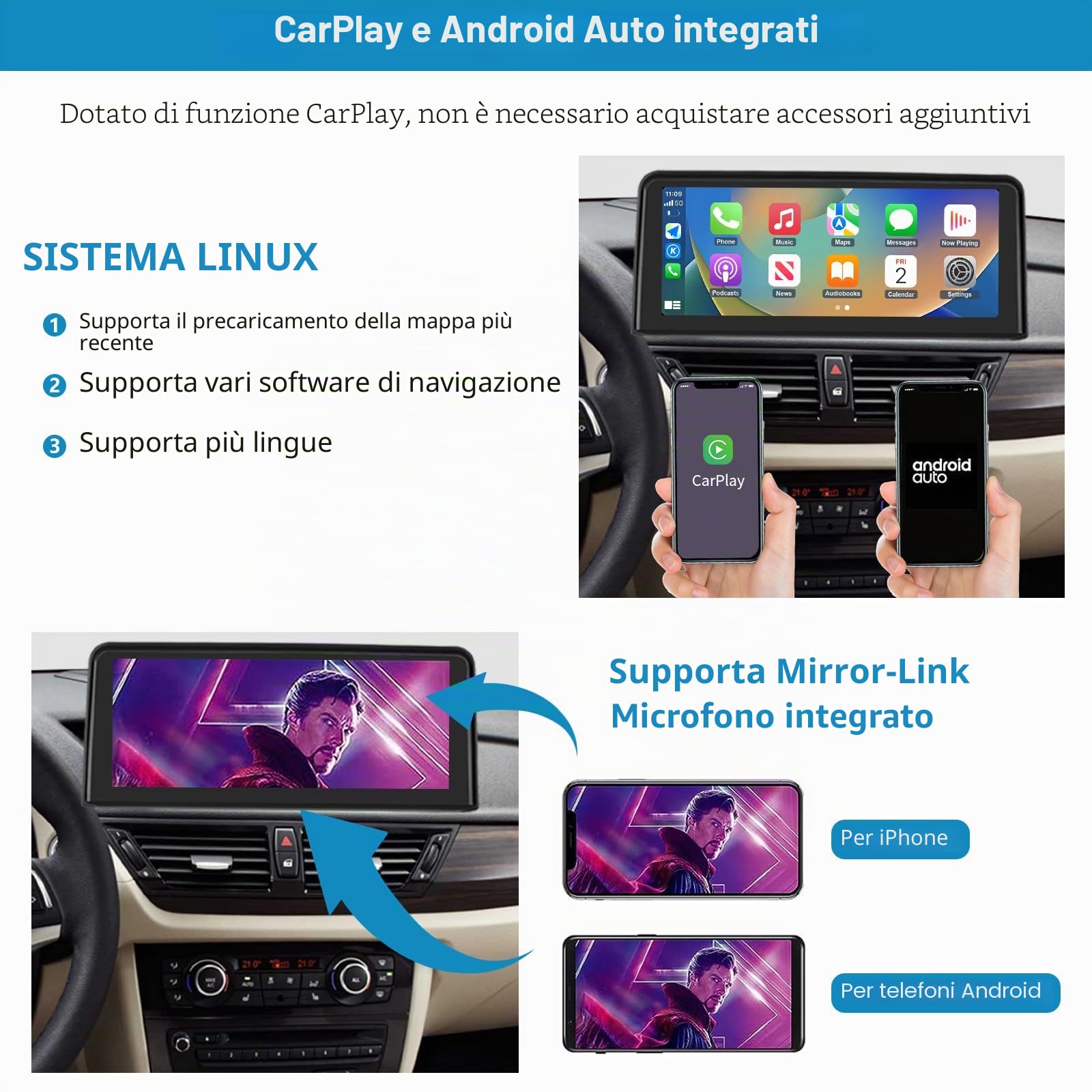 10,25 Pollici Touch Screen Autoradio con Wireless Carplay e Android Auto per Bmw X1 Series E84 2009-2015 Senza Schermo Oem, Supporto Mirrorlink, Musica, Navigazione