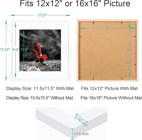 Miniatura 2 de BOJIN Portarretratos blanco de 16 x 16 pulgadas, marco de fotos de madera maciza de 12 x 12 pulgadas con paspartú, marco de fotos cuadrado de madera