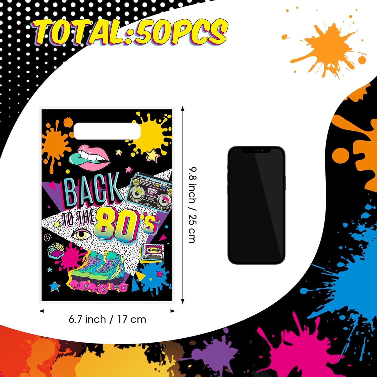 Qeeenar 50 Pieces 80s Party Favor Bags Bulk Plastic Back to 80's Hip Hop Gift Candy Goodie Treat Bags for Retro 1980s Theme Disco Dance Birthday Party Supplies - Image 2