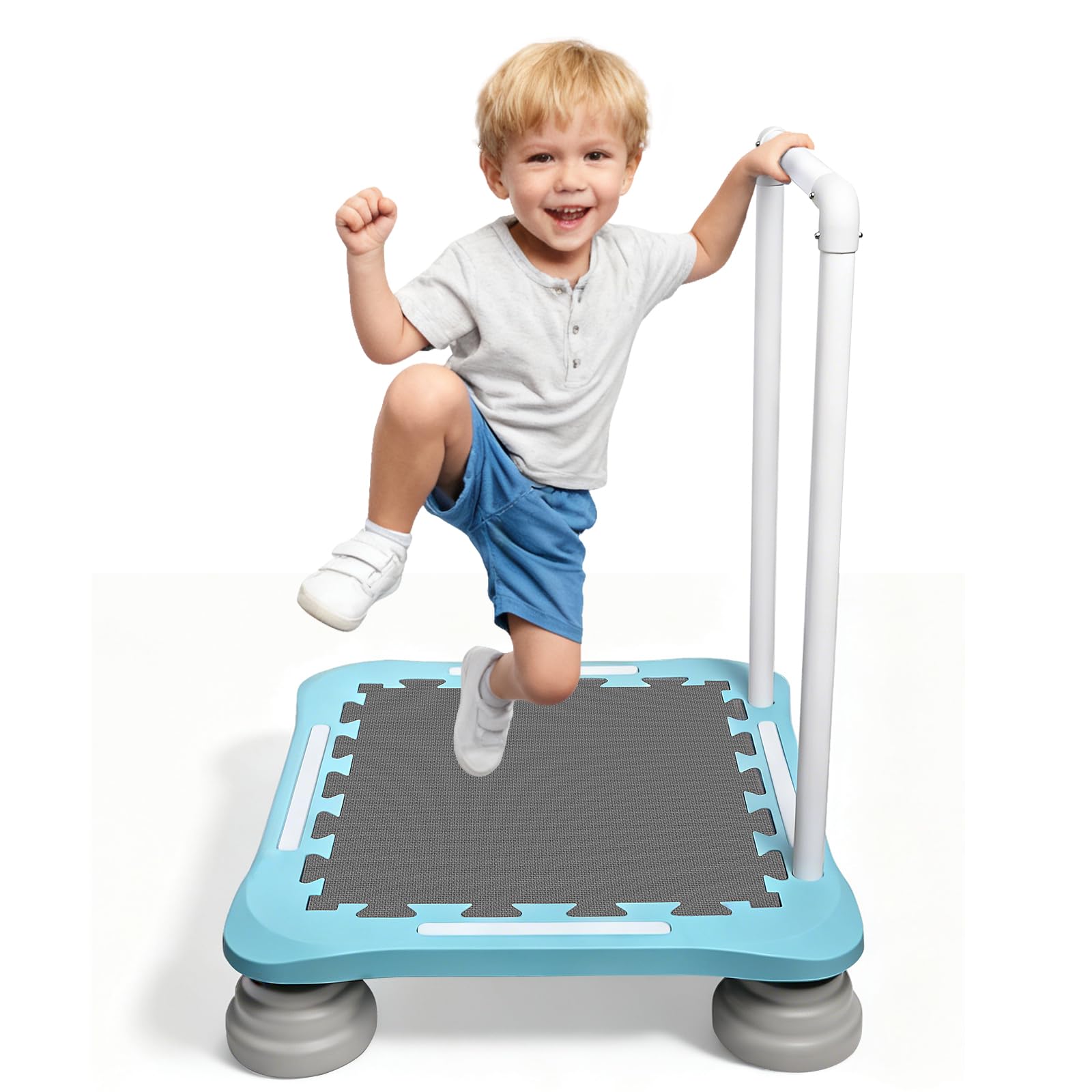 Kids Trampoline Indoor, Noise-Free Autism Friendly Sensory Mini Rebounder with Honeycomb Base & Handlebar for Toddler Ages 3+, PU Foam Foot Pads & Full-Edge Padding, Space-Saving for Home 61x57x75.5cm