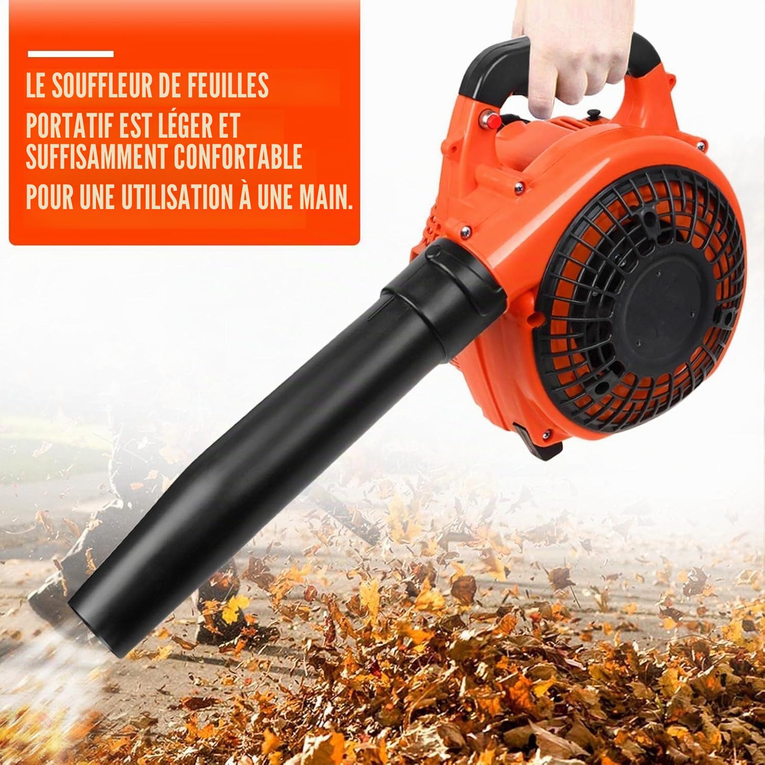 Souffleur De Feuilles à Essence 26cc - Souffleur Thermique, Souffleur De Neige Portatif 2 Temps, Vitesse De Soufflerie 270 Km/H Peut Nettoyer Les Feuilles La Pelouse, PoussièRe, Neige, Orange