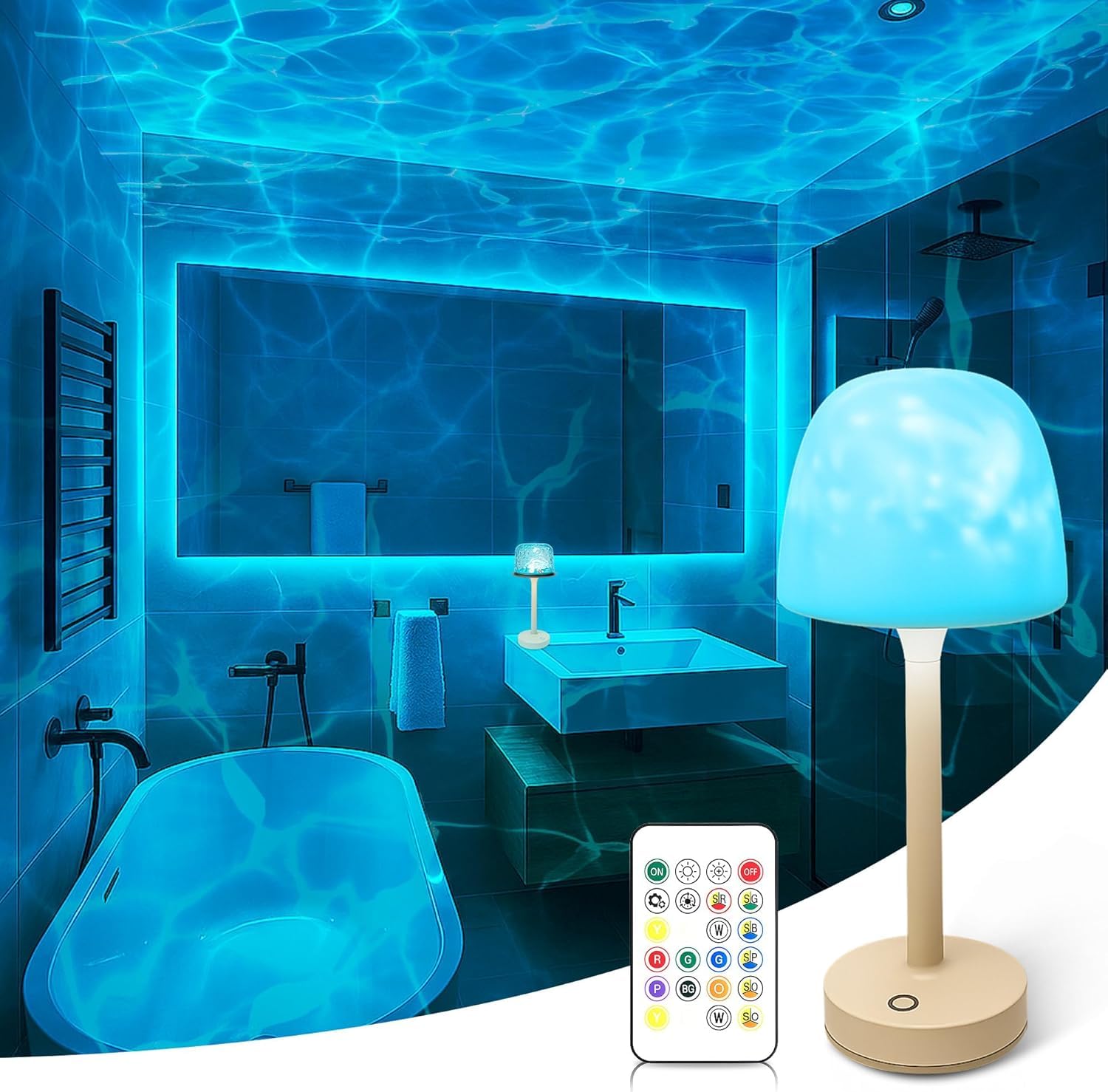 Waterproof Shower Lamp for Inside Shower, Rechargeable Bathroom Lamp with Remote & Touch Control, Cordless Shower Light with 16 Color Changeable, LED Ocean Wave Projector Light for Bathroom Bathtub
