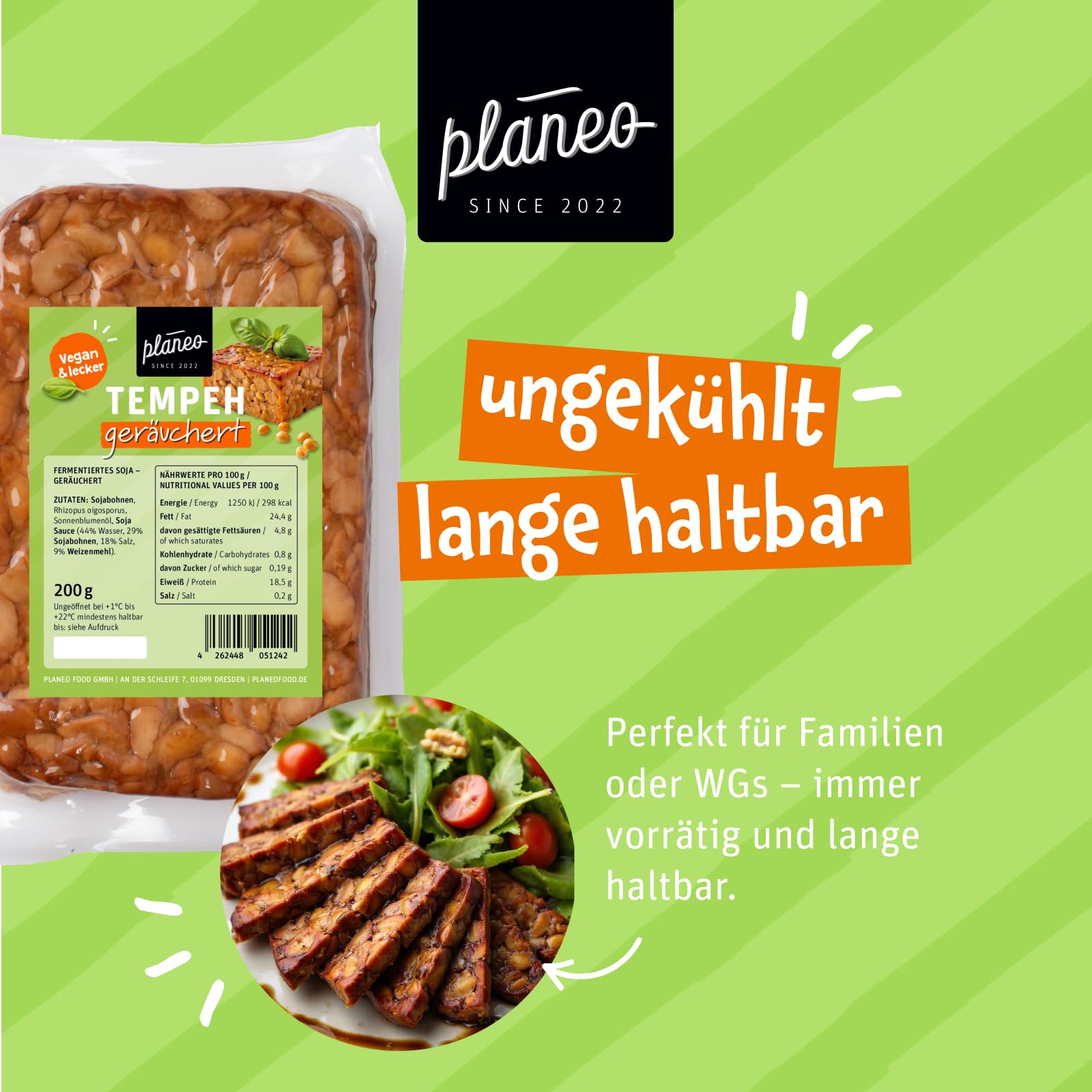 Planeo Tempeh Geräuchert 6x200g - Beste Qualität - Lange, ungekühlt haltbar - mild geräuchert - Soja aus der EU - Planeo (6 x 200g)