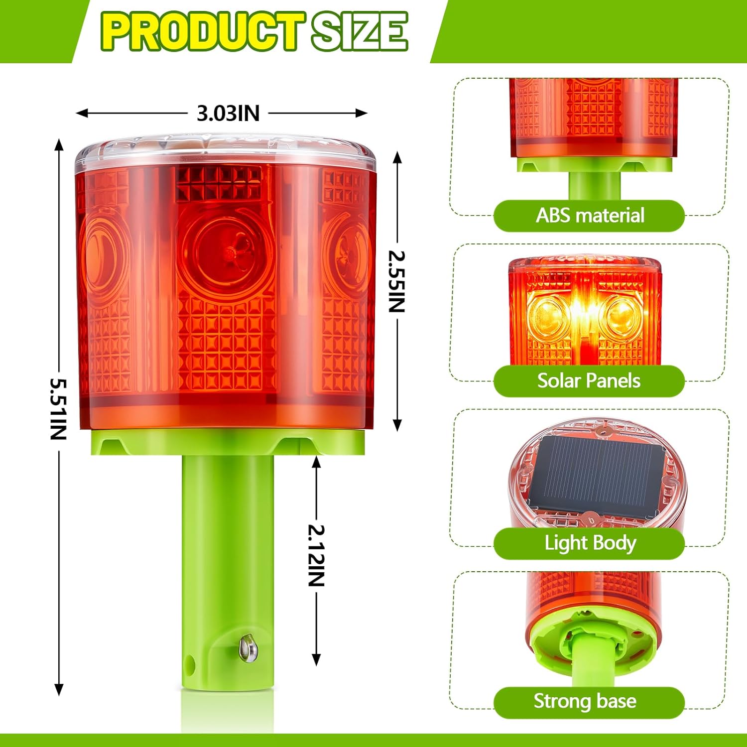 2 Pcs Solar Strobe Warning Traffic Light 360 Degree Single Column IP65 Waterproof Emergency Strobe Flashing Barricade Safety Road Construction Traffic Light(Red,Stand)