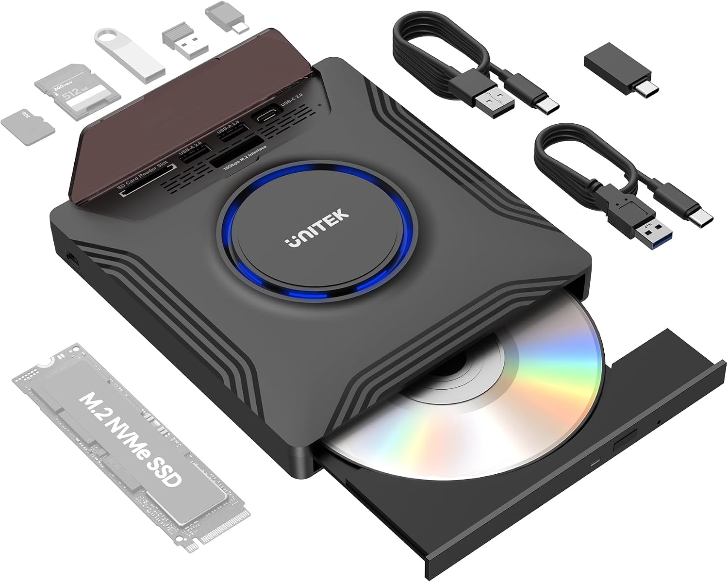 Unitek External CD DVD Drive, Portable Laptop Optical Disc Burner with M.2 | 7 in 1 External CD DVD Drive Laptop CD DVD Reader with M.2/USB 2.0 and SD/Micro SD Card Slot for Windows/Mac OS/Linux/Vista