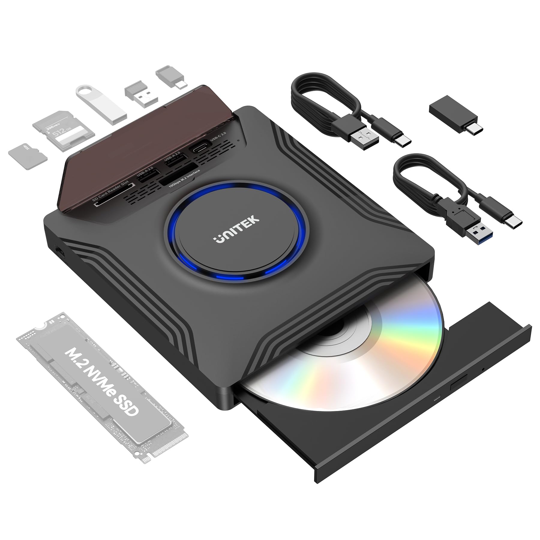 Unitek Unidad externa de CD y DVD, unidad de disco óptico USB 3.0 tipo C, 3 puertos USB/interfaz M.2 y ranuras para tarjetas SD/Micro SD, grabadora de CD/DVD portátil 7 en 1 para portátil Windows/Mac