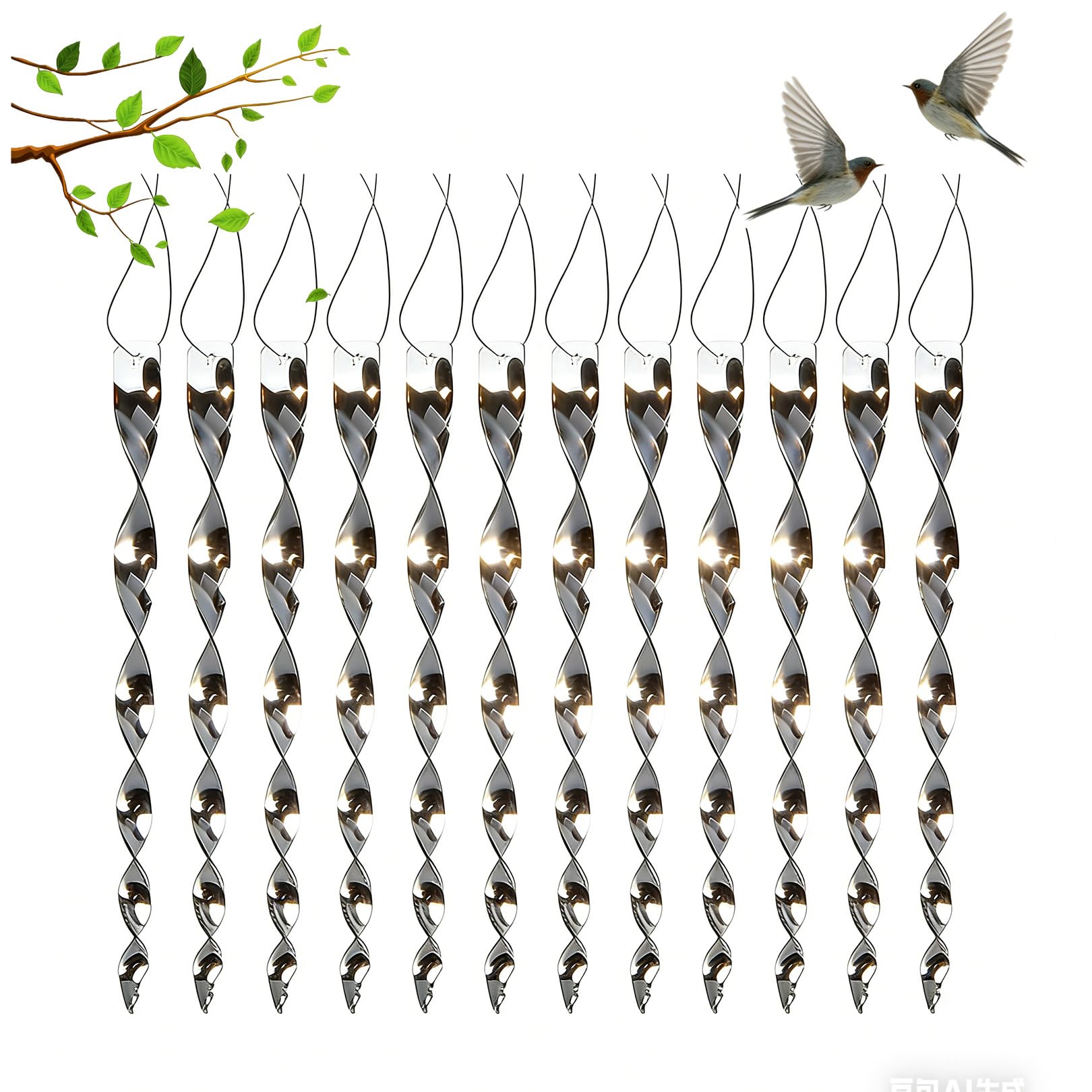 Pack of 12 Bird Repellent Wind Chimes, Reflective Bird Scarer, Pigeon Repellent, Balcony, Deterrent Wind Spiral Pigeon Scarer, Silver Spiral Wind Chimes for Outdoor Hanging, Balcony Garden Repellent