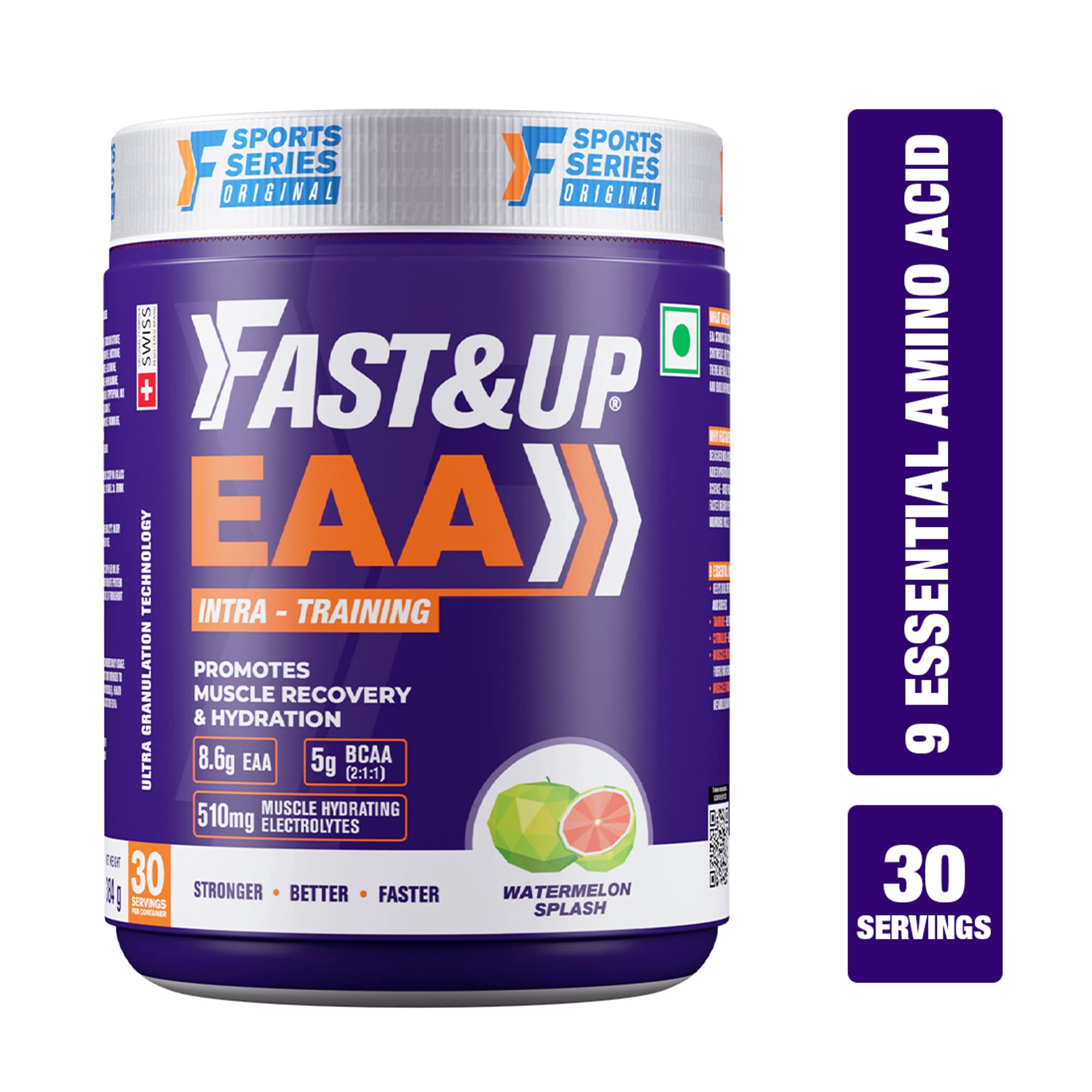 FAST&UP EAA Intra - Training/Workout drink (EAAx9) with BCAA+Electrolyte Blend+Vitamin Booster helps provide Muscle Recovery All 9 Essential Amino Acid- 30 servings (Watermelon Splash), Purple,Powder