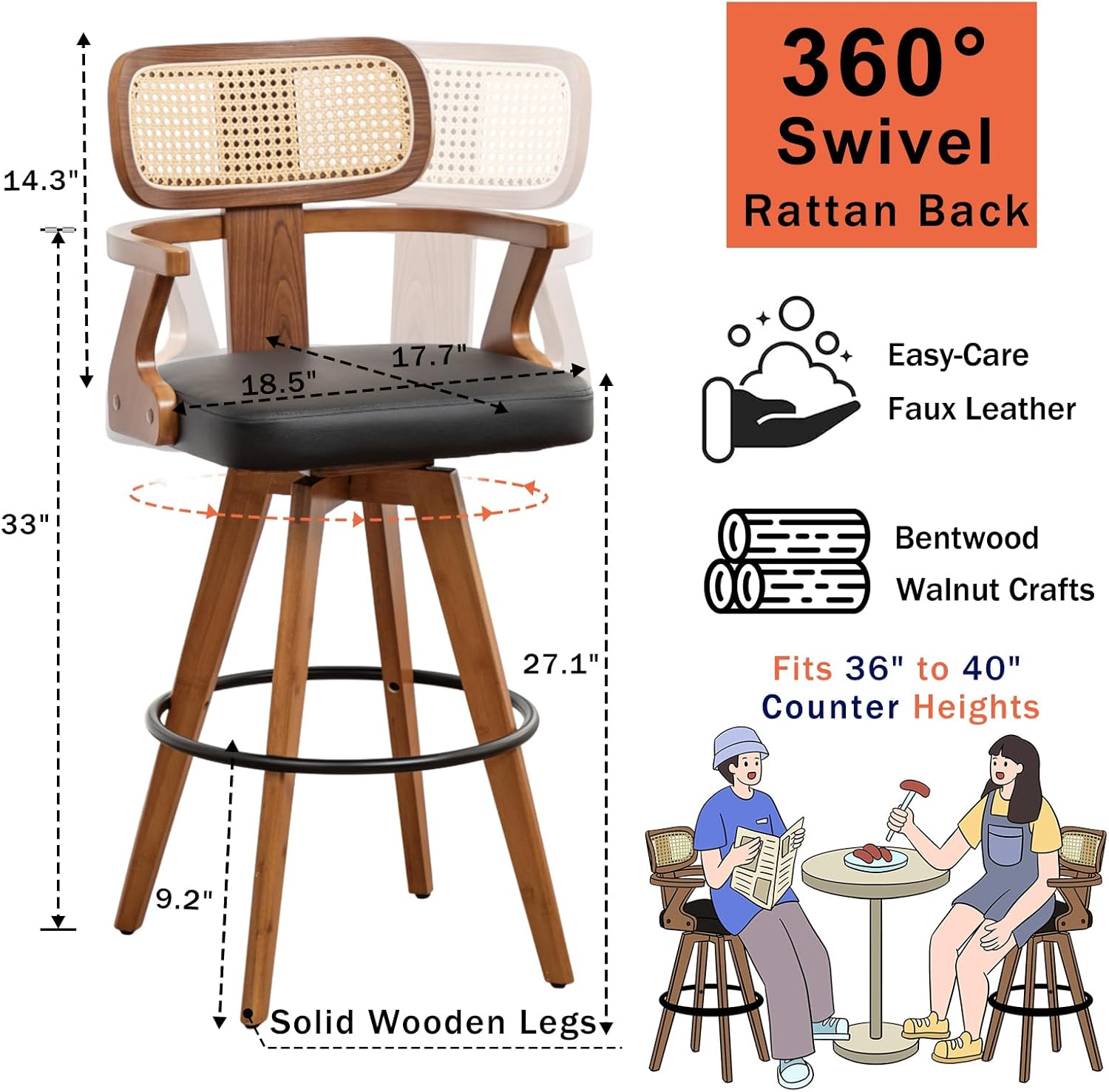 Set of 1 Counter Height Bar Stool - 27 inch Swivel Counter Stool with Walnut Craftsmanship, Cane Back, Upholstered Faux Leather, Kitchen Island Stool for Island/Pub/Kitchen- Black