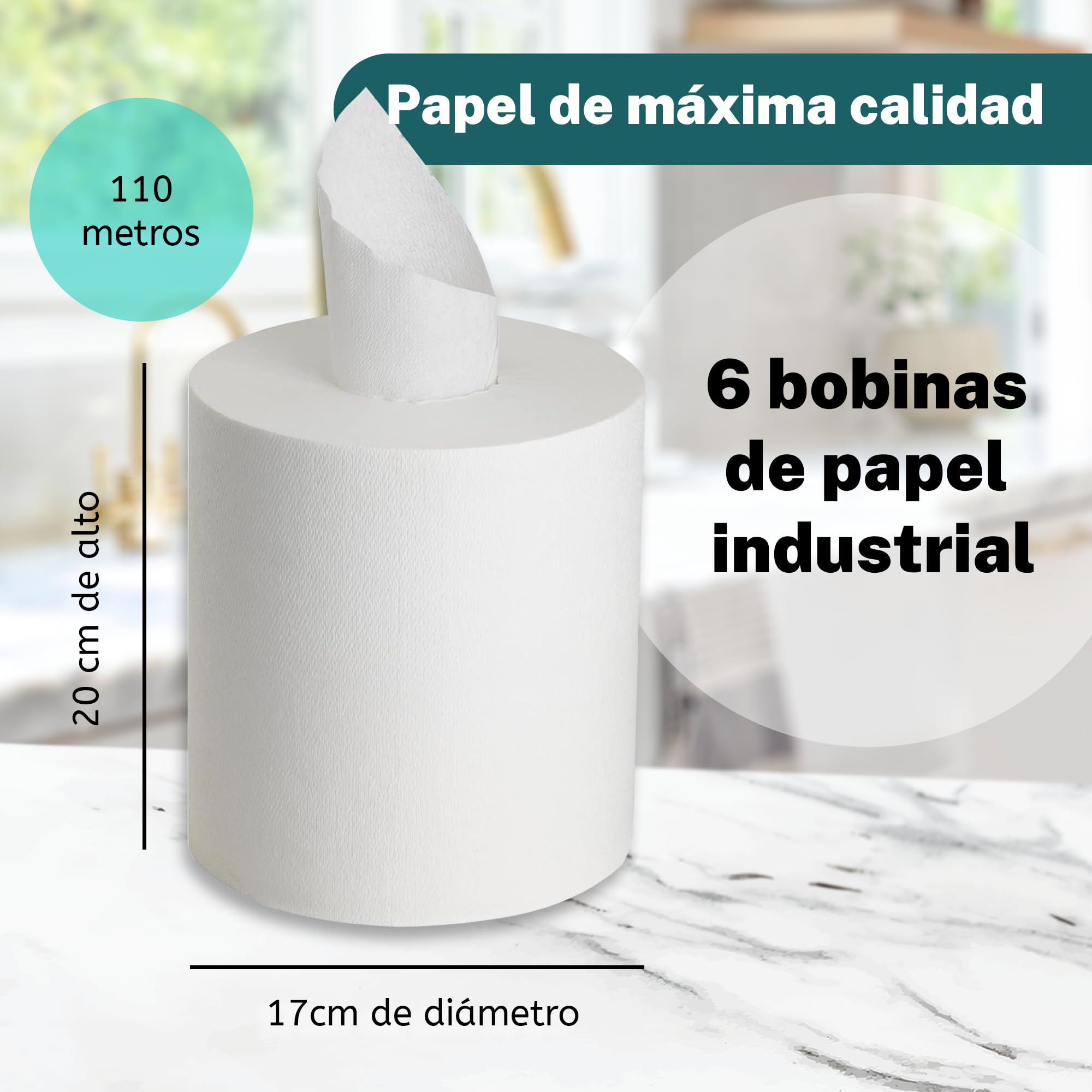Rollo Mecha Laminado - 6 Unidades de Papel Secamanos Industrial de Celulosa Grande - Chemine Blanco Zig Zag - Bobina para Limpieza Doméstica o Industrial (110)