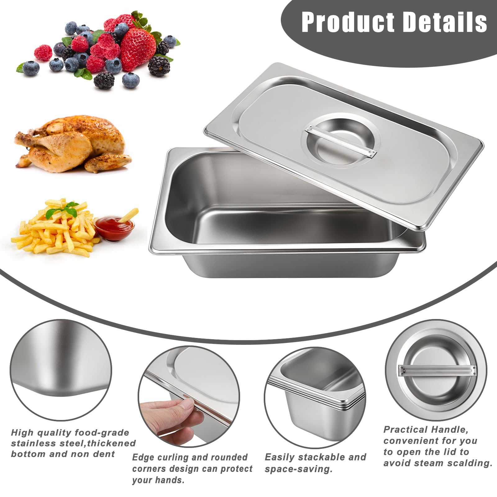 SUMNACON 4 sartenes de acero inoxidable de tamaño 1/3 con tapas, organizador de servicio de alimentos de 10 cm de profundidad, bandeja de almacenamiento de sartenes de hotel, placa de catering, cocina