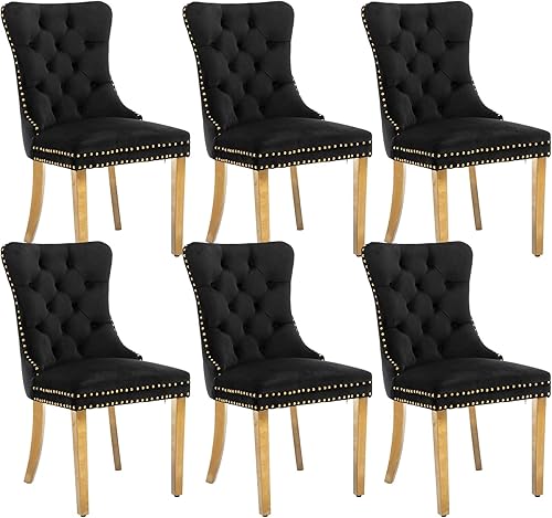 Miniatura 106 de Juego de 4 sillas de comedor de terciopelo beige, sillas tapizadas modernas para comedor con respaldo capitoné y acentos de madera, patas curvas de