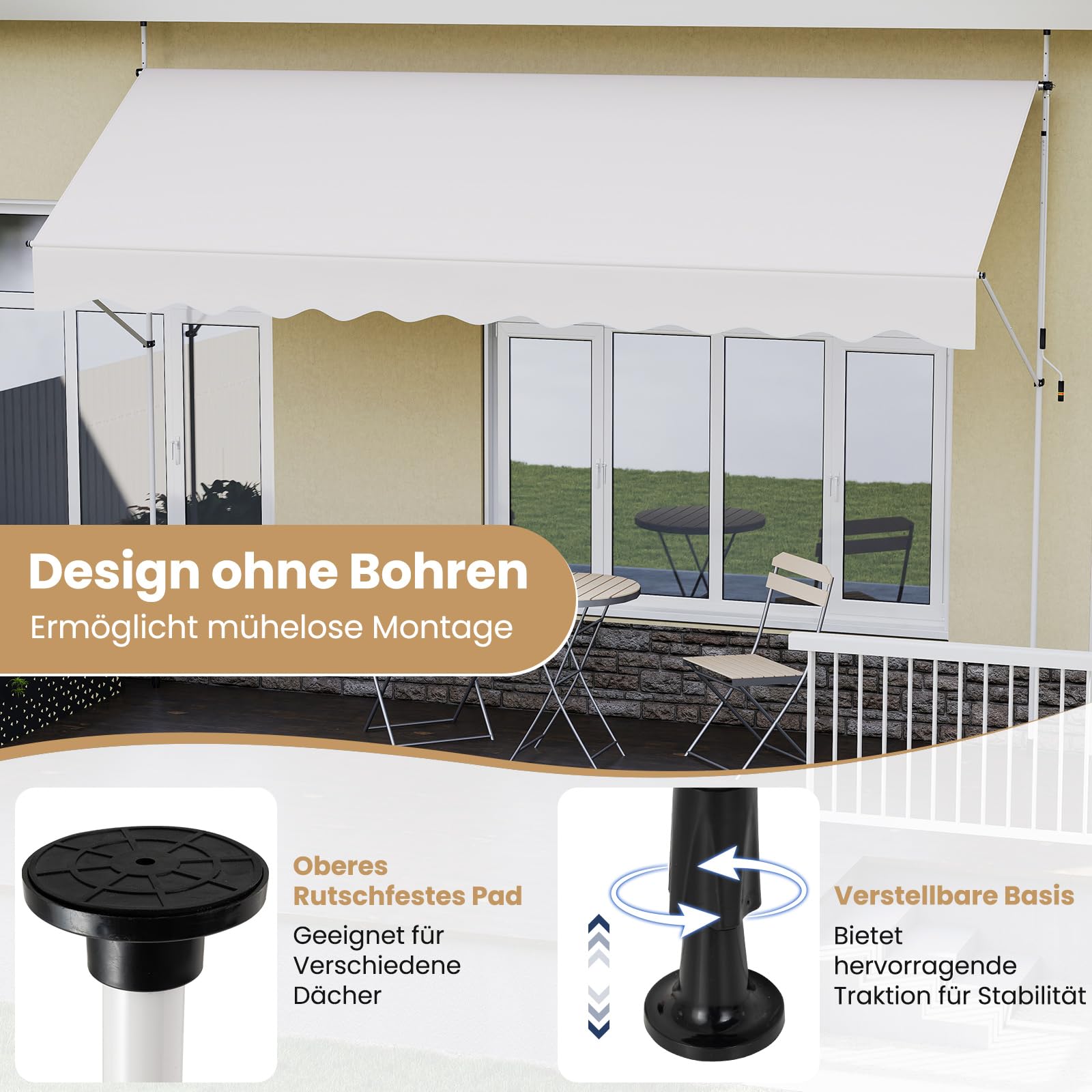 COSTWAY Klemmmarkise, Balkonmarkise ohne Bohren mit Handkurbel, Höhenverstellbar & UV-beständig, Markise Sonnenschutz für Terrasse, Balkon, Garten (400 cm,Weiß)