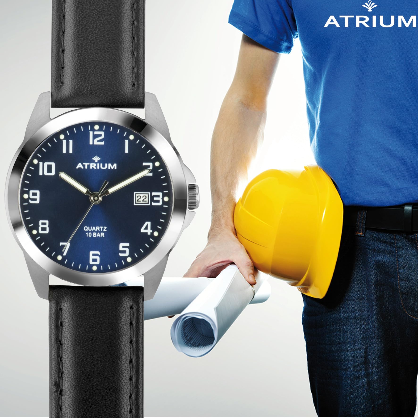 Atrium Herren-Armbanduhr Edelstahl silberfarben Analog Quarz 10 bar mit Datum, Leuchtzeiger, sehr deutliches Zifferblatt Dunkelblau und Lederband schwarz A16-15