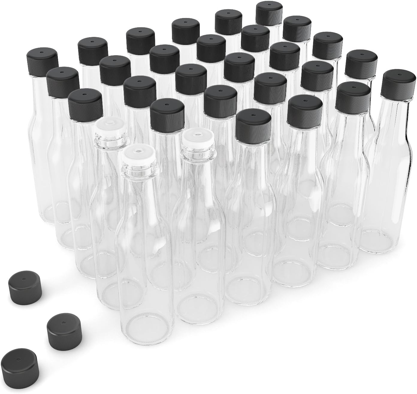 Empty Glass Hot Sauce Bottles (30 Pack, 5 Oz) with Leak Proof Black Screw Caps and Snap On Dripper Inserts