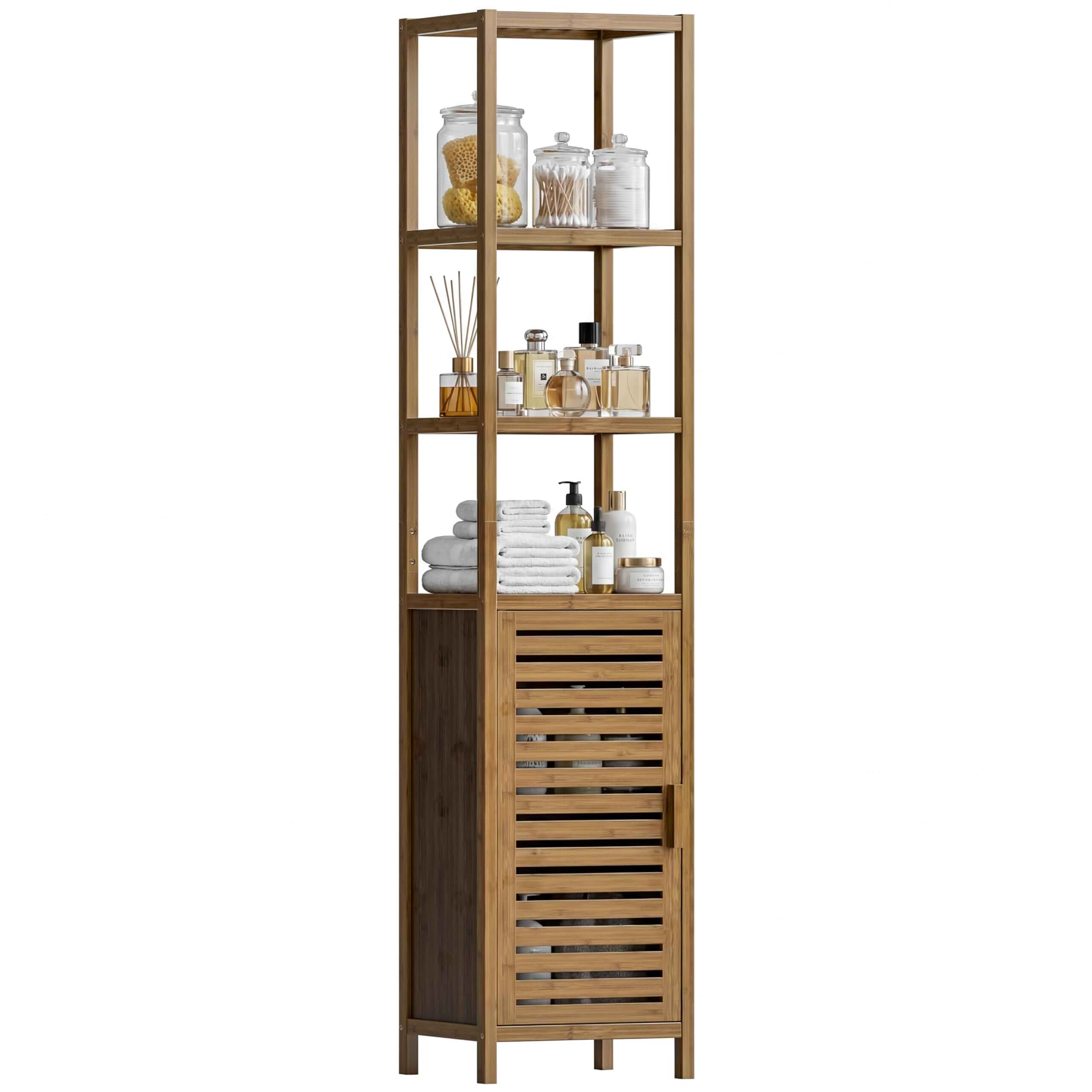 HITNET Bathroom Cabinet, Bamboo Floor Cabinet Freestanding Narrow Storage Unit with Removable Shelves, 6 Tier Tall Cabinet, Walnut Bamboo, Wood