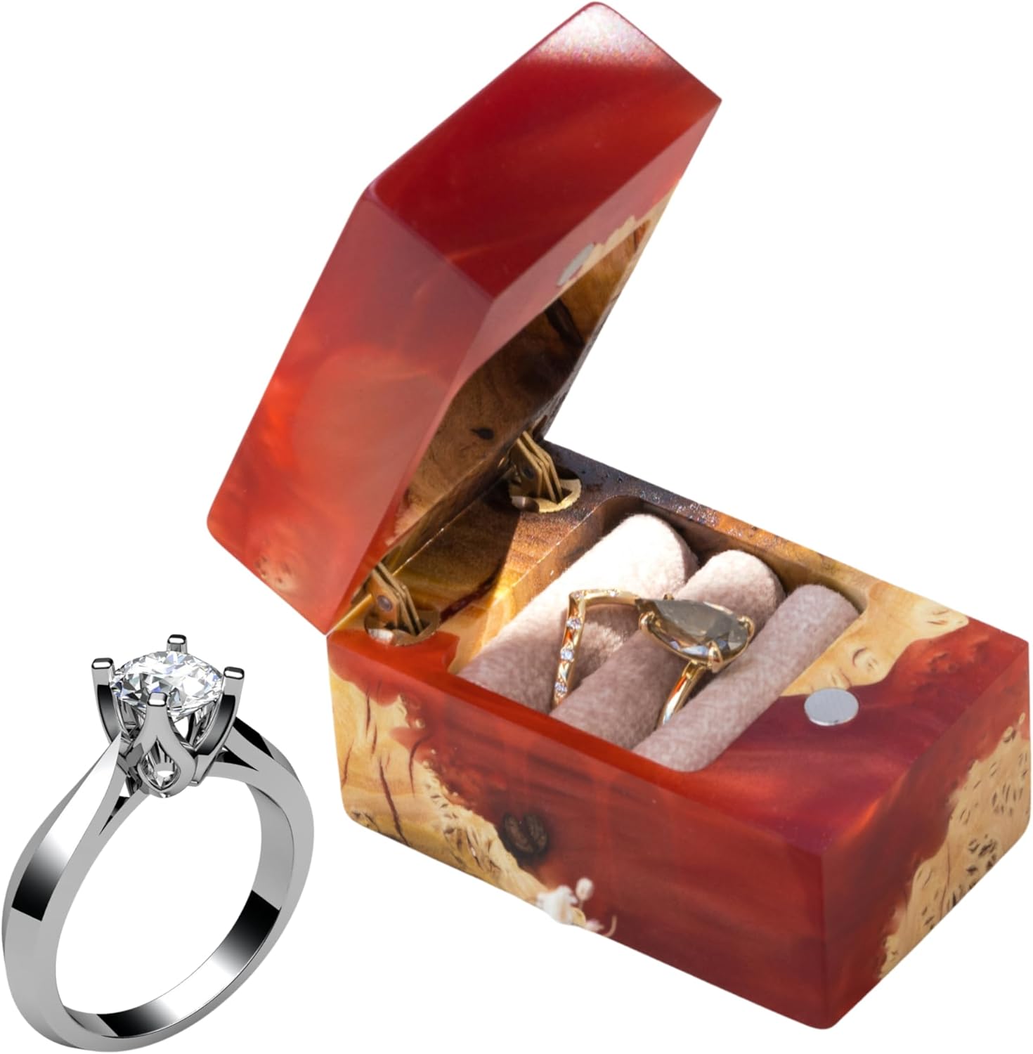 RWA Luxury Handmade Double Engagement Ring Box – Wood & Epoxy Resin Ring Case, Elegant Proposal Ring Holder with Velvet Interior, Unique Keepsake Box - Accord (Red, double ring box)