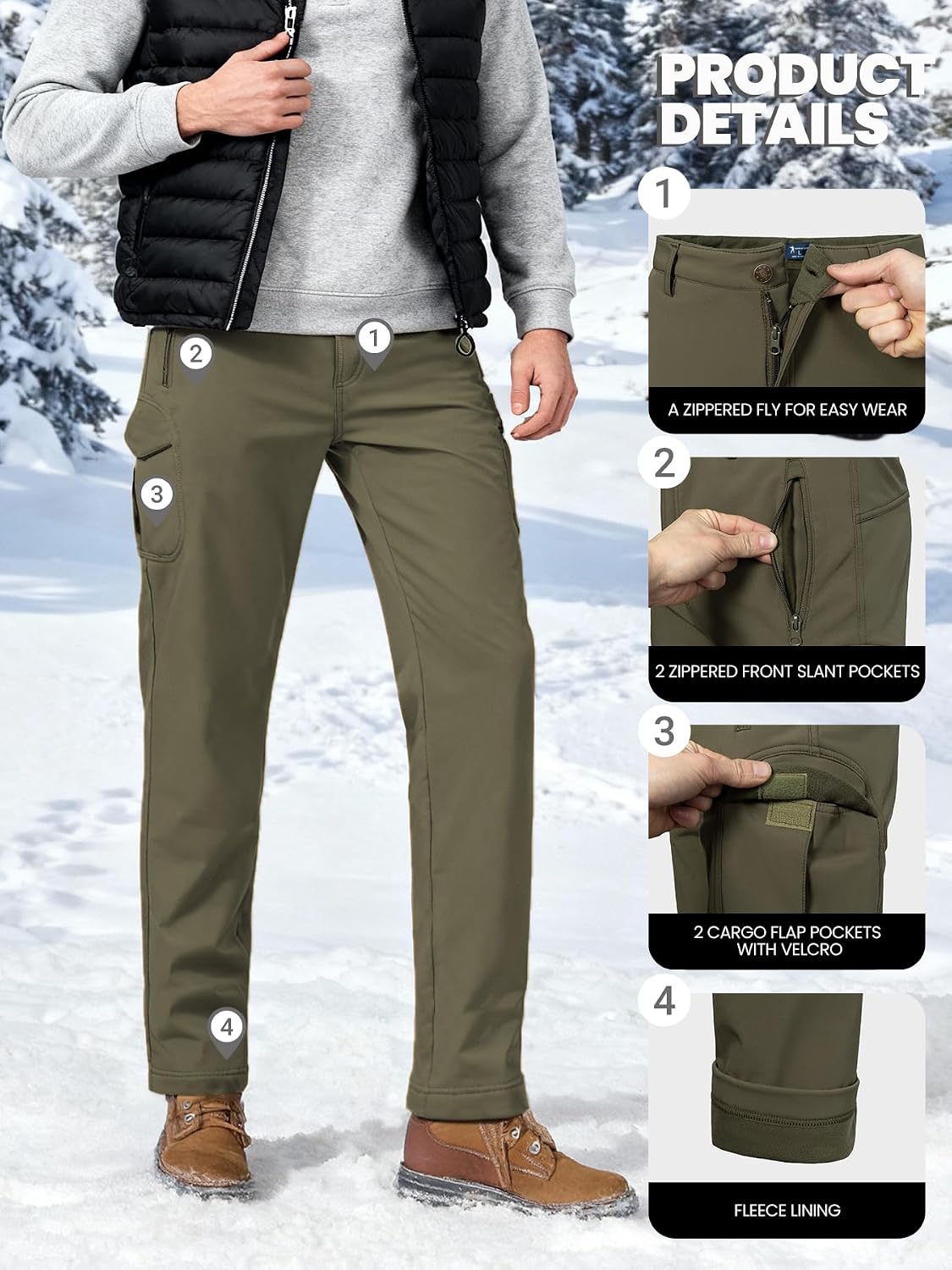 Men’s Waterproof Hiking Pants Fleece Lined Soft Shell Winter Snow Ski Insulated Outdoor Work Pants