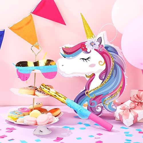 Miniatura 6 de Seematn Piñata de unicornio suministros de fiesta paquete de piñata con los ojos vendados y murciélago para niñas y niños, decoración de juegos de