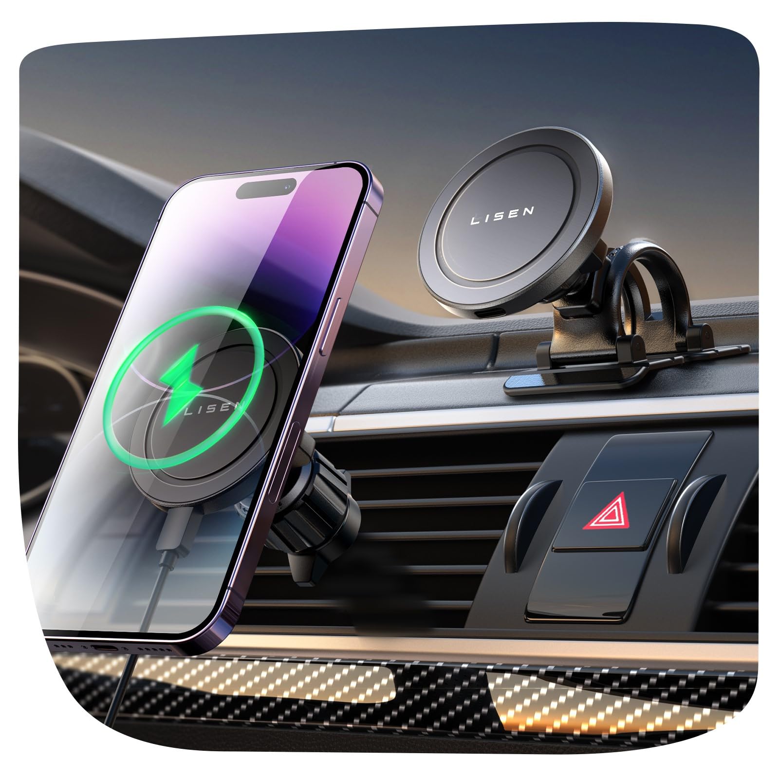 LISEN Magsafe In-Car Holder Charging, 2 Fixed Parts, Magsafe Car Charger, Smartphone Holder, Wireless Charging, Compatible with iPhone 17 15 W, Rapid Charging, Air Conditioning Louver/Dashboard Type Car Holder, Compatible with Car iPhone Air 17 Pro Max 16 15 14, Samsung S25