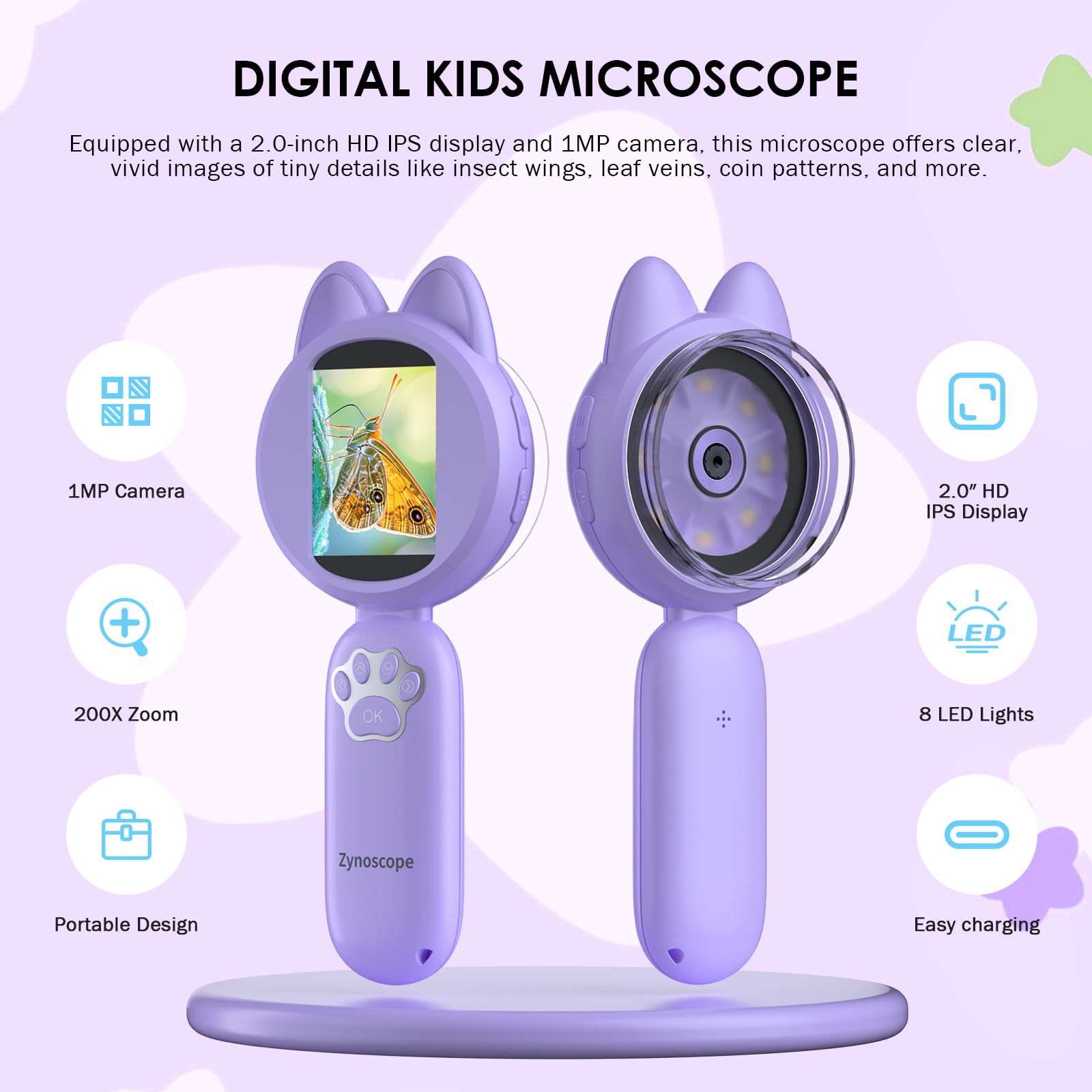 Kids Microscope - Handheld Portable Digital 200X Magnification - Microscope for Kids, Rechargeable Toy for Kids Ages 3-12, Educational Science Toys, Christmas Birthday Gifts for Boys & Girls