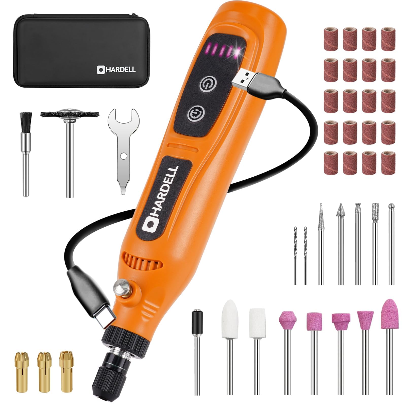 HARDELL Mini Amoladora Bateria, 3.7V Herramienta Rotativa Bateria Con 43 Accesorios, Usar Mientras Se Carga, 5 Velocidades para Pulido, Esmerilar, Grabar, Perforar, Lijado, Moler, Bricolaje