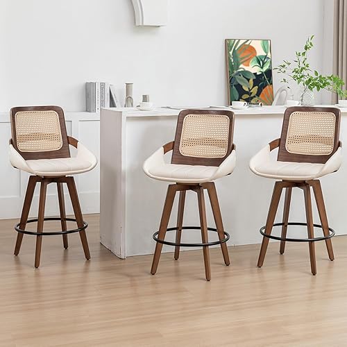 Set of 3 Mid Century Modern Counter Stools - 26.4 inch Rattan Swivel Counter Stools with Cane Back, Upholstered Faux Leather, Walnut Craftsmanship, Ideal for Island/Pub/Kitchen(26" Seat Height, Beige)