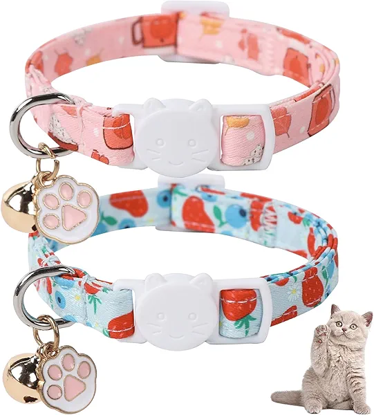 Unique Style Paws Kitten Collar,Cute Cat Collar with Bell,Kitten Collar Breakaway Buckle with Strawberry,Pumpkin Pattern,Adjustable Halloween Cat Collar,Ideal Gift for Boy Girl Cats