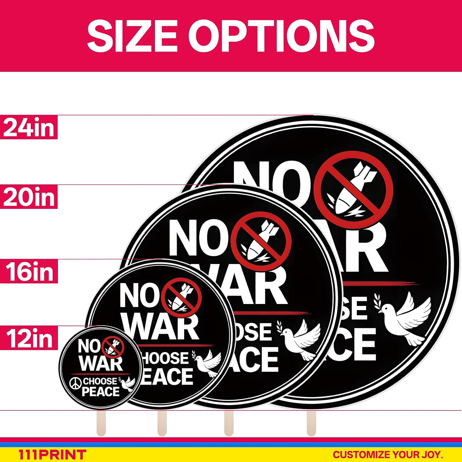 No War Protest Sign on Stick – 24 Inch Round Rally Sign for Marches, Demonstrations, and Events