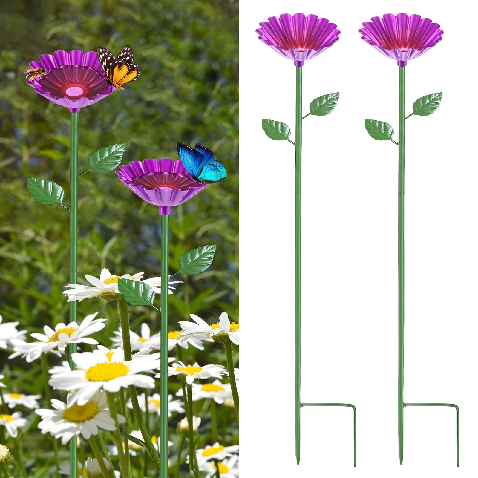 M METERXITY 2-Pack Bee Watering Station, 64cm/25 Inch Iron Bee Bath for Garden Water Feeder, Colorful Butterfly Bath Bowl for Outdoor/Garden/Yard Decor [Rose Red]