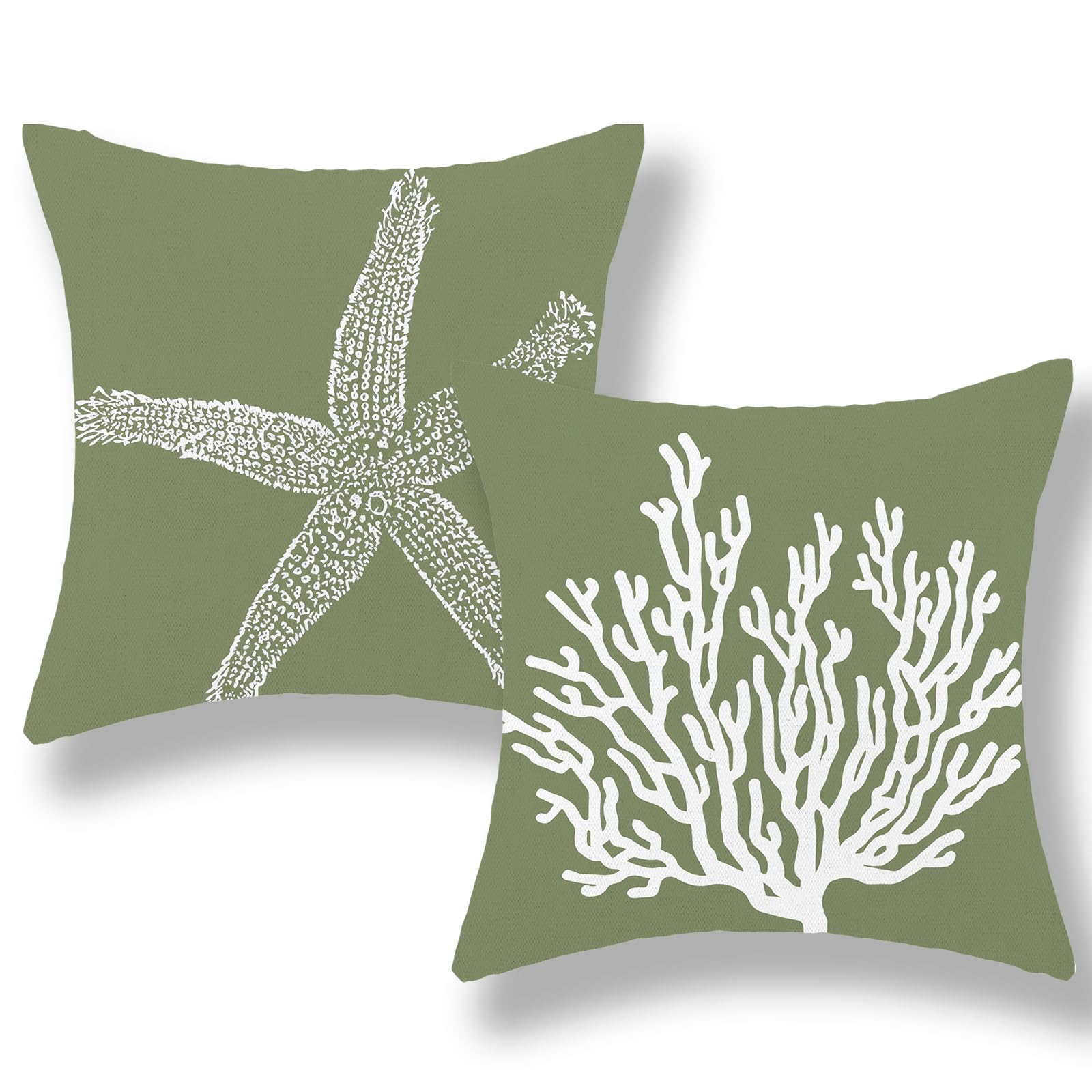 Coastal Pillow Covers 18x18 Set of 2 Sage Green Coral Starfish Throw Pillows Nautical Ocean Decorations Spring Summer Beach Pillowcase Outdoor Decor