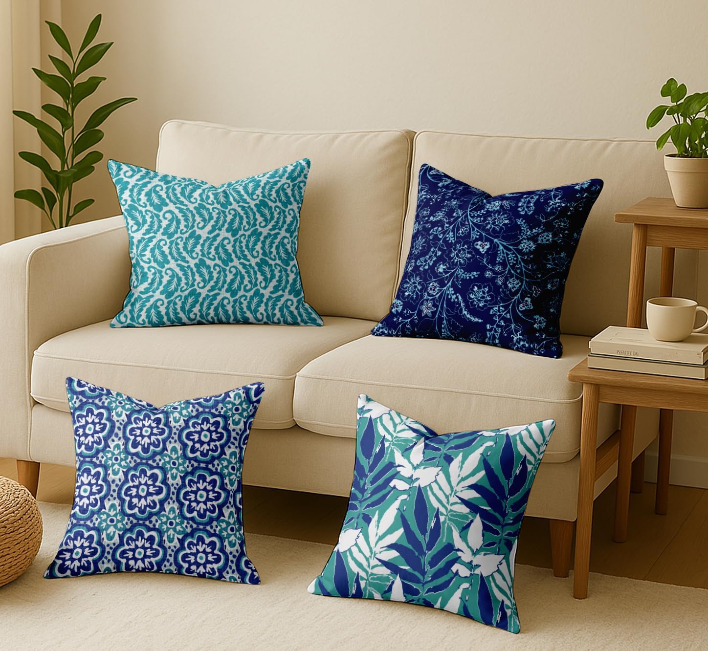 Leaves Design, Decorative Cushion Covers Set of 4-16x16 Inch, 100% Cotton, Printed on Both Sides, Hidden Zipper, Blue